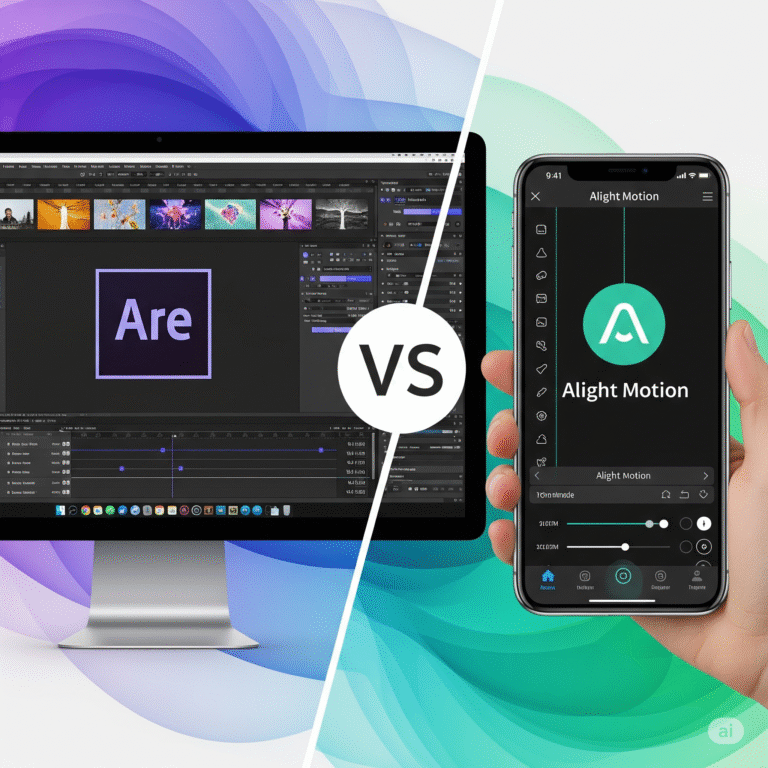 Adobe After Effects vs Alight Motion: A side-by-side comparison of desktop and mobile video editing software.