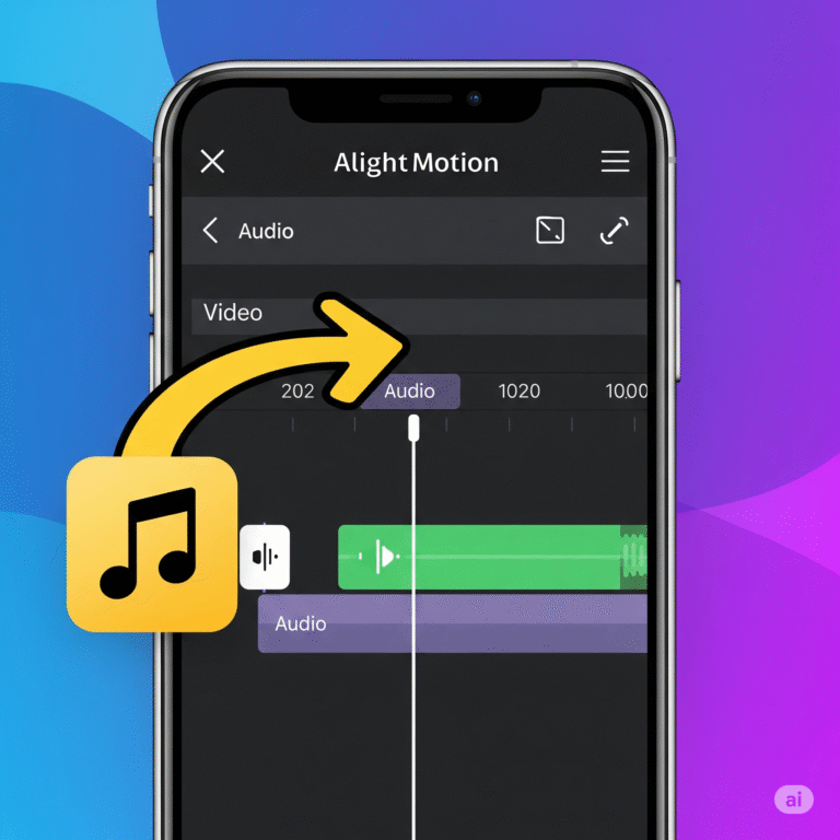 A graphic showing a music note icon being added to the Alight Motion app timeline, illustrating how to add audio.