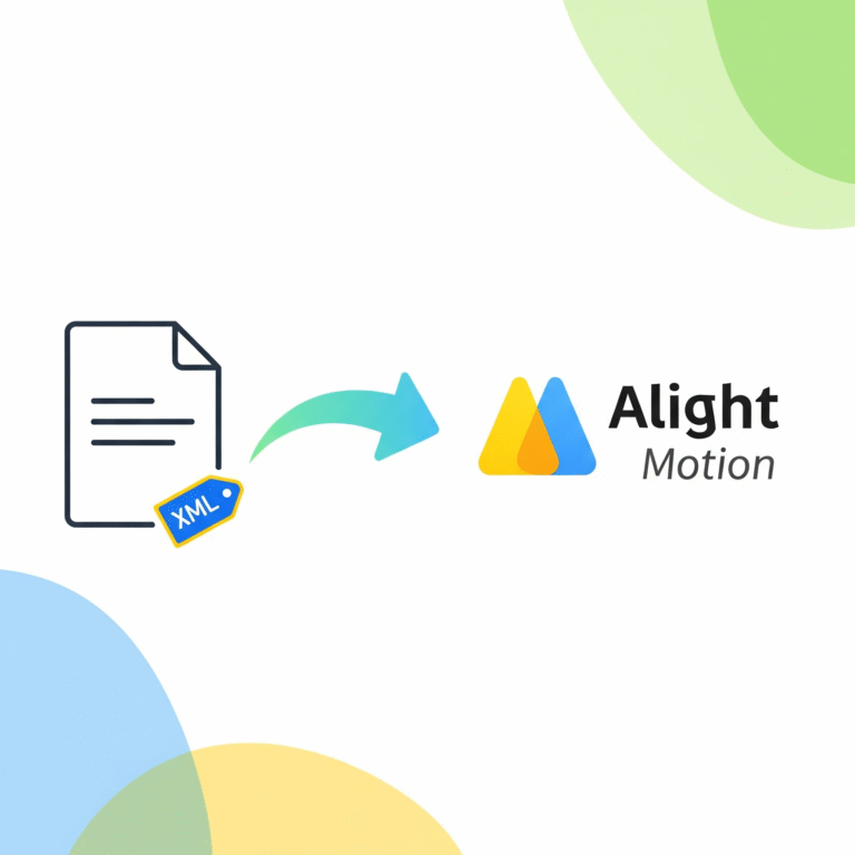 XML file icon with an arrow pointing to the Alight Motion app logo, illustrating the import process.
