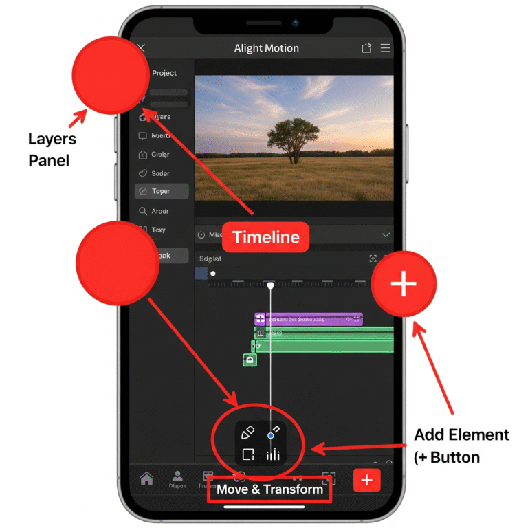 Alight Motion user interface with key areas like the timeline, layers, and the '+' button highlighted with text labels for a beginner's tutorial.