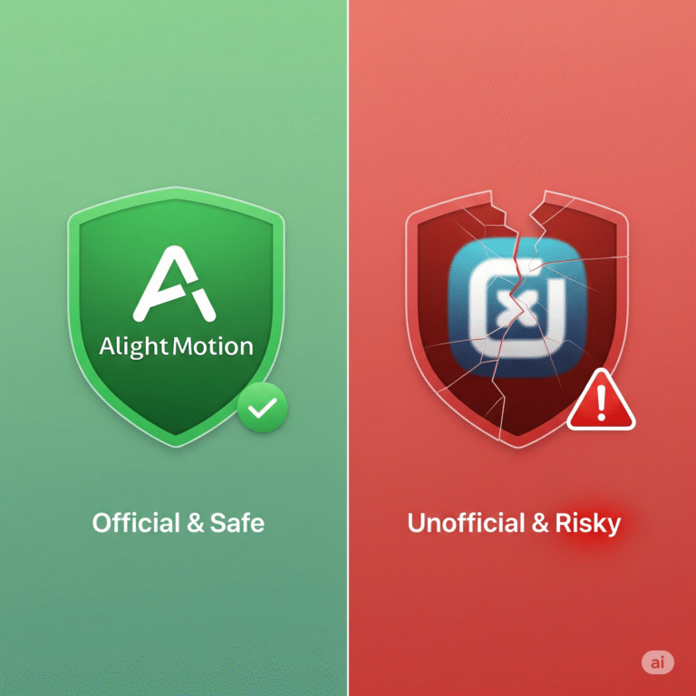 official Alight Motion logo with a green checkmark versus a generic app icon with a red warning sign.