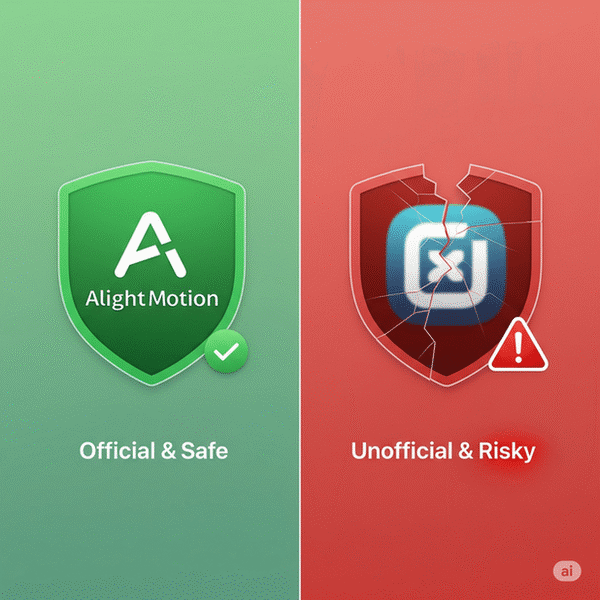 official Alight Motion logo with a green checkmark versus a generic app icon with a red warning sign.