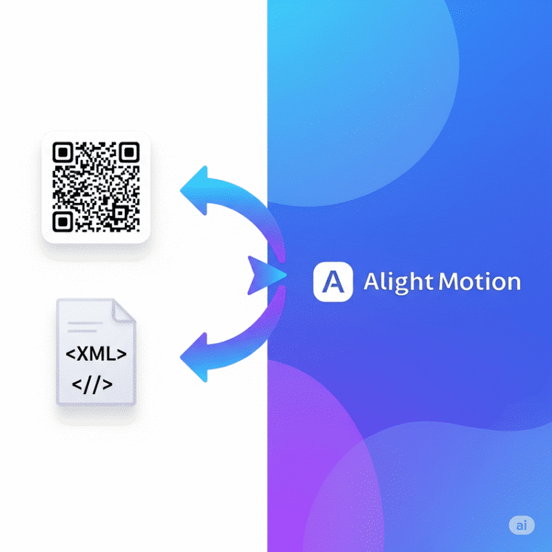 QR code and an XML file icon pointing towards the Alight Motion app logo, illustrating how to import presets.