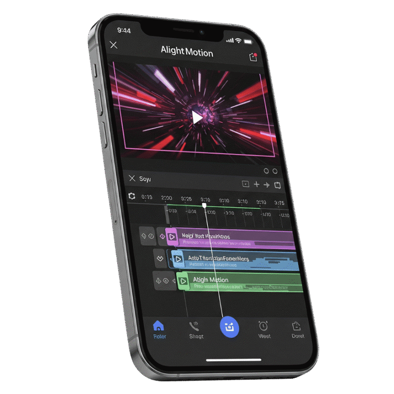 An iPhone displaying the Alight Motion Mod apk for ios interface for an iOS installation guide. The screen shows a professional video project with multiple layers and keyframes, with no watermark on the video preview