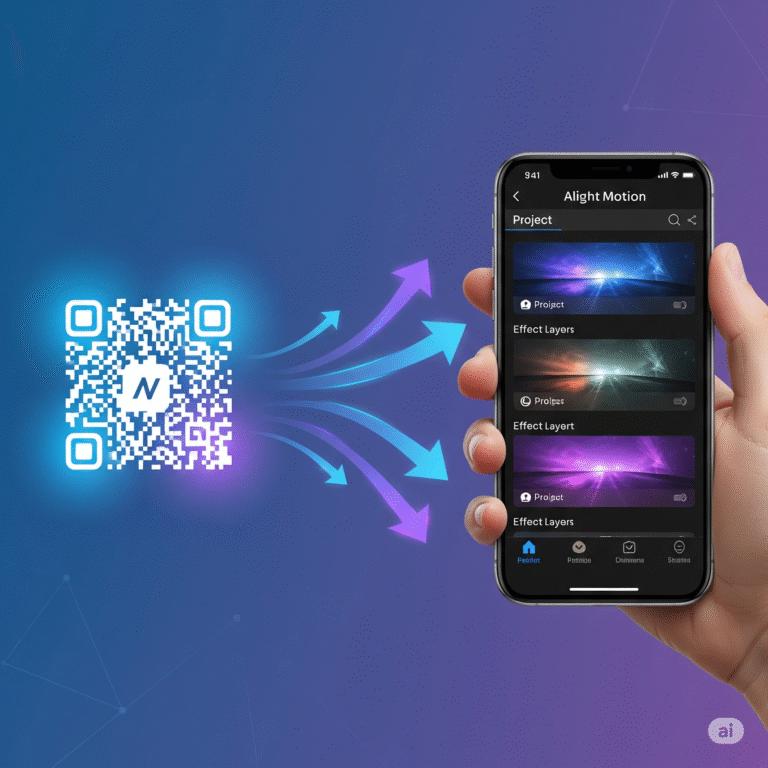 QR code being scanned by a phone and importing presets into the Alight Motion app.