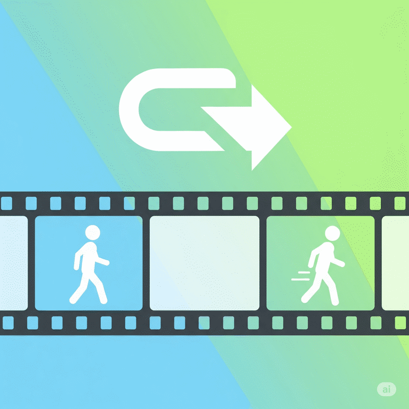 illustrating the reverse video effect in Alight Motion, with an arrow showing the direction of time being reversed.