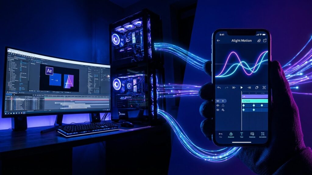 Comparison of Alight Motion mobile interface versus Adobe After Effects desktop interface.