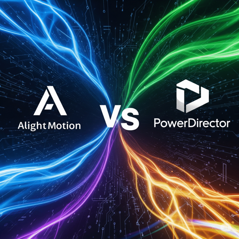 The Alight Motion logo and the PowerDirector logo are shown side-by-side with a "VS" graphic, comparing the two mobile video editing apps.