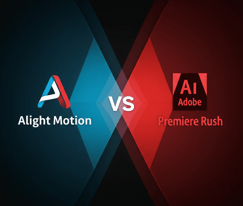 The Alight Motion logo and the Adobe Premiere Rush logo are shown side-by-side with a "VS" graphic, comparing the two mobile video editing applications.