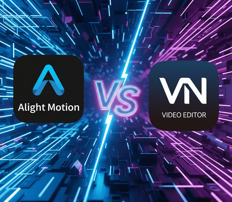 The Alight Motion logo and the VN Video Editor logo are shown side-by-side with a "VS" graphic, comparing the two mobile video editing apps.