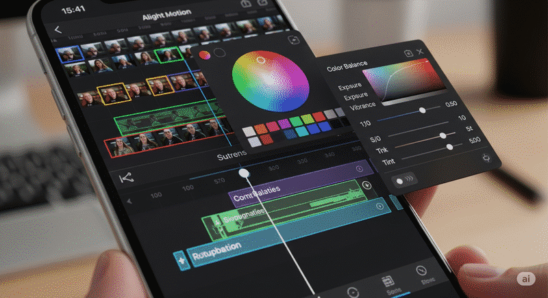 Color editing in Alight Motion with hue and saturation adjustments