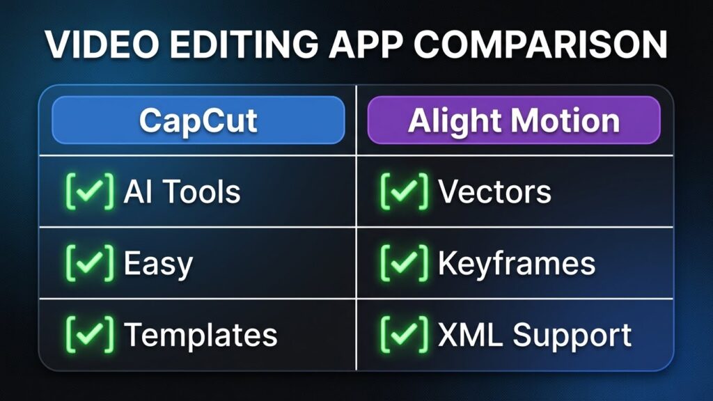 Feature comparison table showing differences between Alight Motion and CapCut.