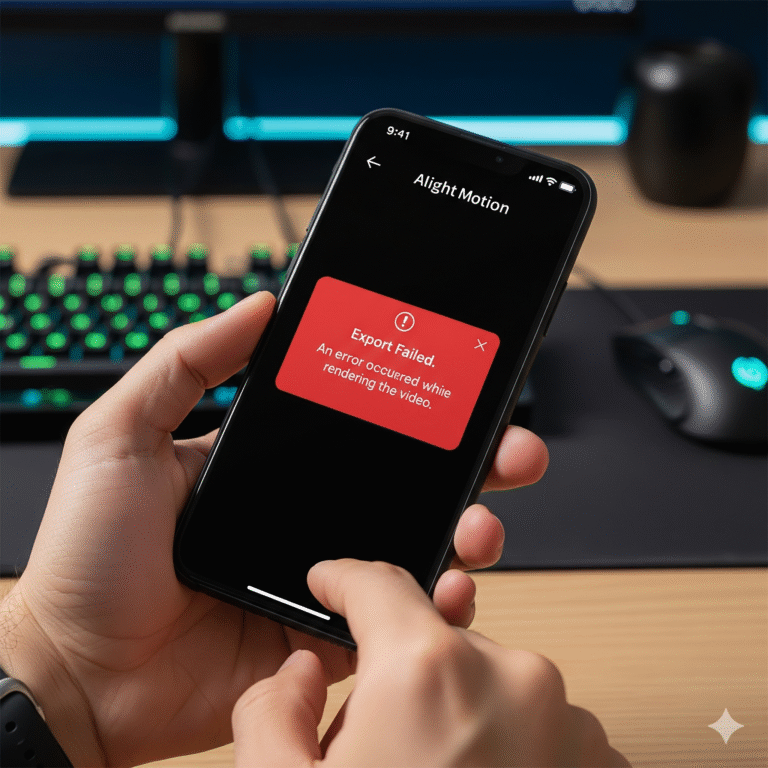 A smartphone screen showing the Alight Motion export failed error message.