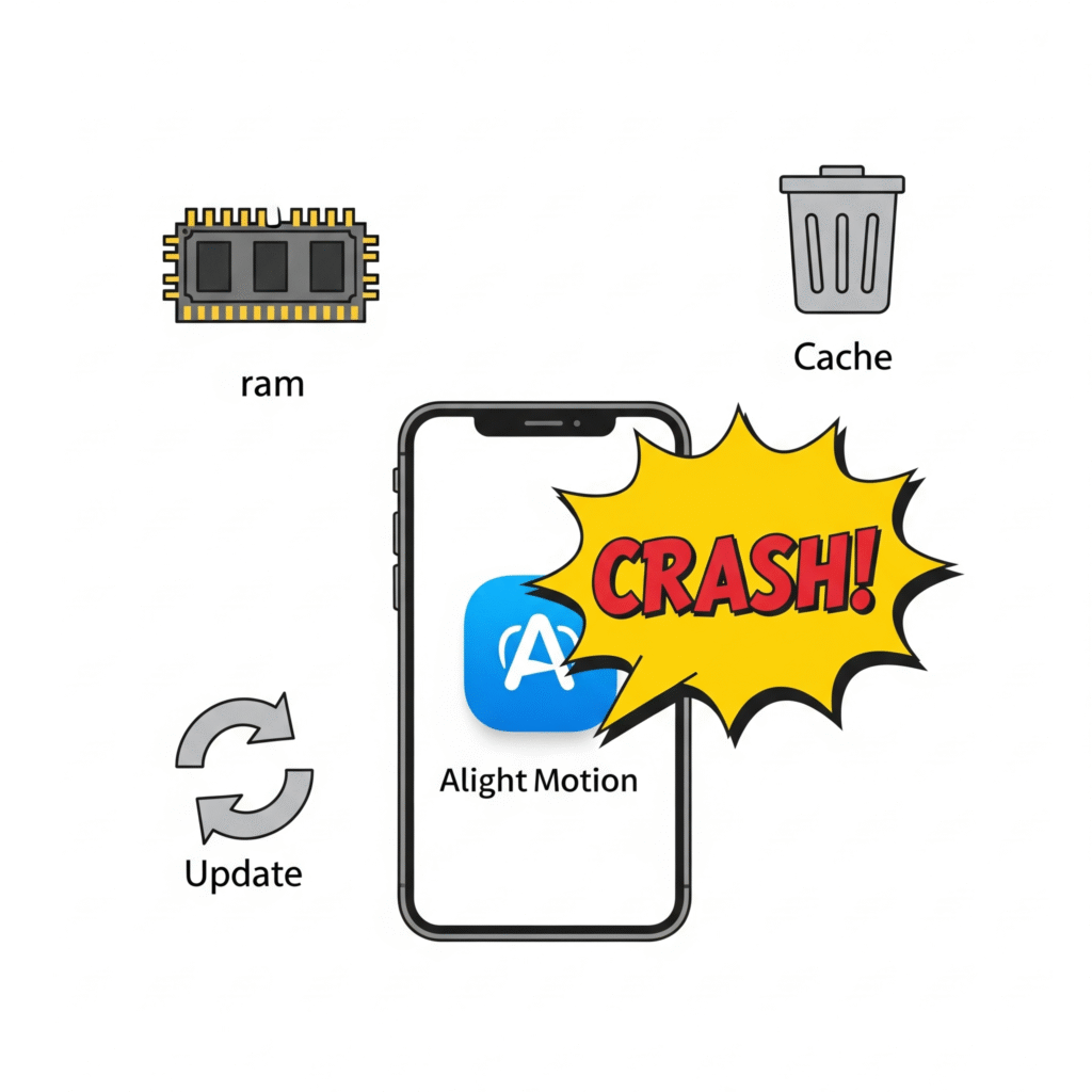 An infographic showing the main reasons Alight Motion keeps crashing, like RAM, cache, and updates