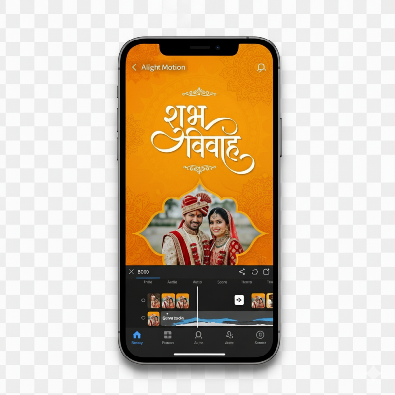 A beautiful Indian wedding invitation video being created in the Alight Motion app, showing Hindi text and a photo of the couple.