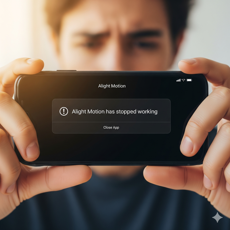 looking frustrated as the Alight Motion app shows a 'not working' error message on their phone
