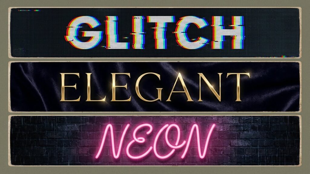 A showcase of three different Alight Motion text animation styles: Glitch effect, Cinematic Gold, and Neon Glow.