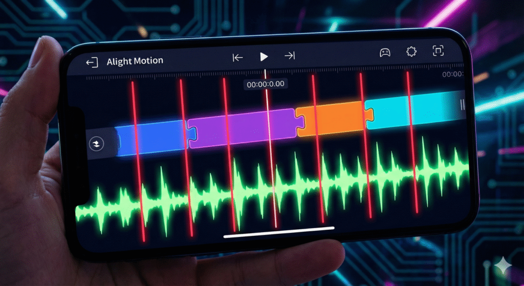 A close-up of the Alight Motion video editing timeline showing red beat mark flags perfectly synced with green audio waveforms for a TikTok edit.