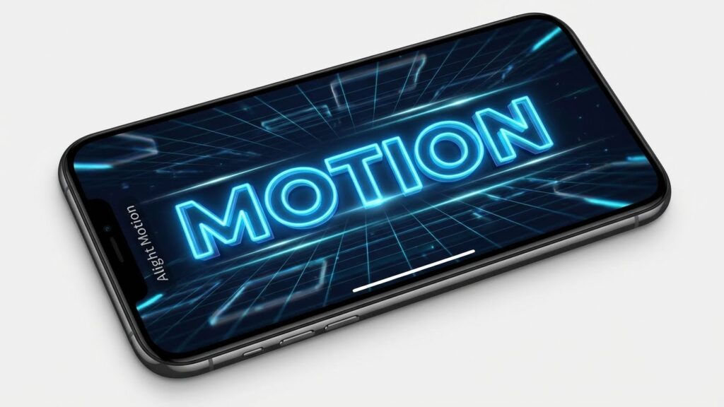 A smartphone displaying a neon 3D Kinetic Typography text animation created using Alight Motion presets.