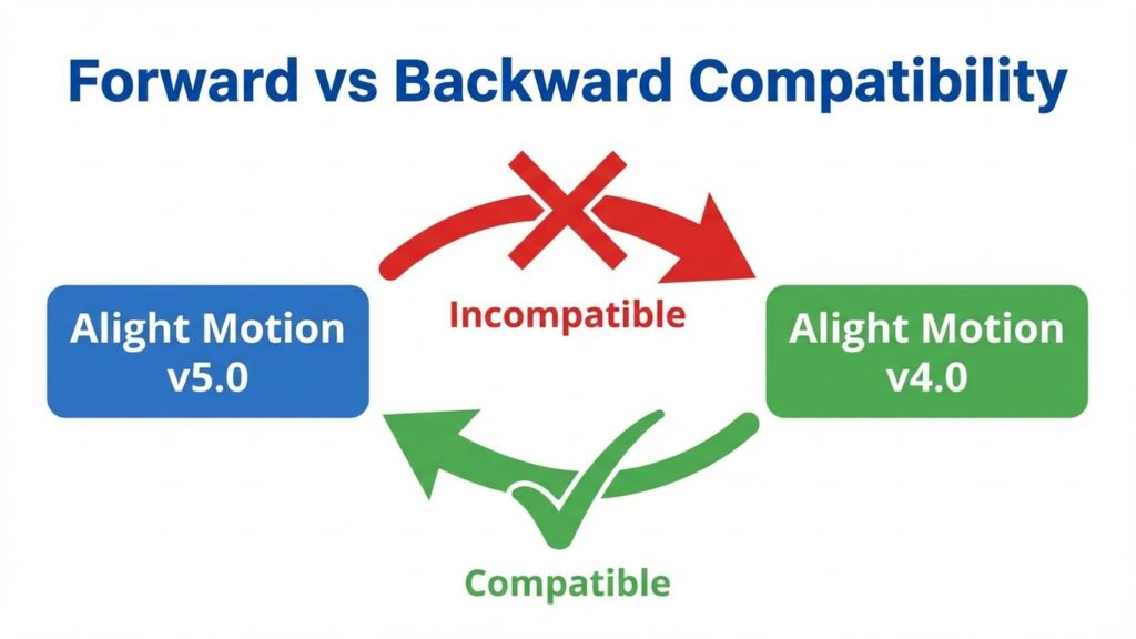 Infographic explaining that older versions of Alight Motion cannot open XML project files created in newer versions.