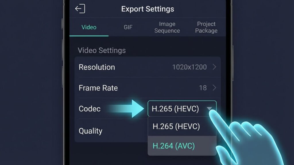 Tutorial graphic showing how to change the video codec to H.264 in Alight Motion to fix black screen errors.