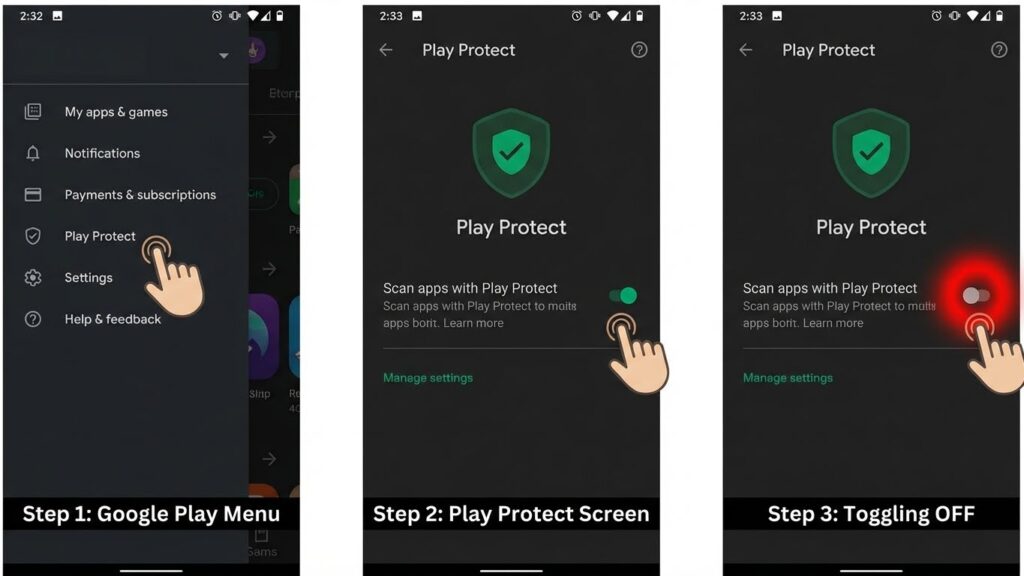 Tutorial screenshot showing how to disable Google Play Protect scanning to allow the installation of Alight Motion Mod APK.