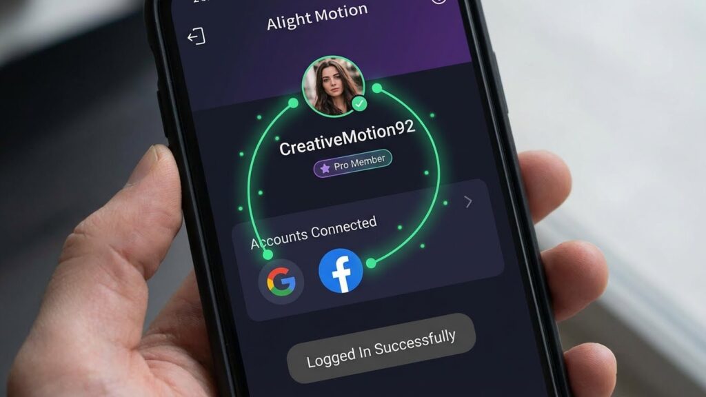 Smartphone screen displaying a successful login to Alight Motion via Facebook and Google after using troubleshooting fixes.