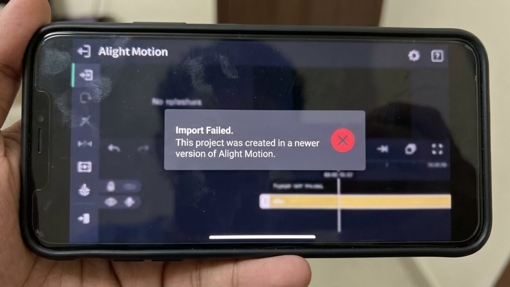 Alight Motion error popup showing the Project Version Incompatible message when importing an XML file.