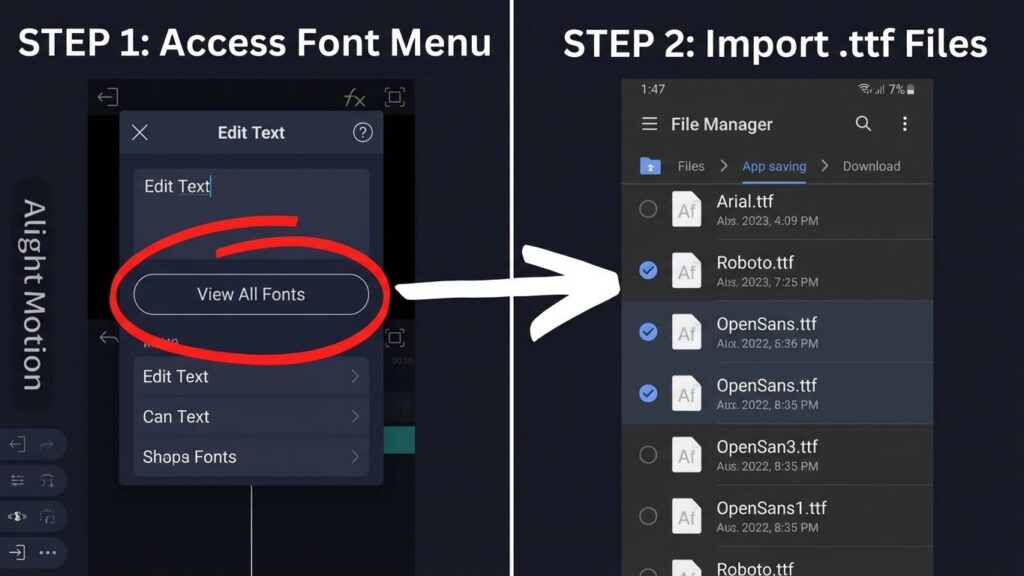 A tutorial graphic showing the steps to import custom TTF fonts into Alight Motion to fix missing font errors in text presets.