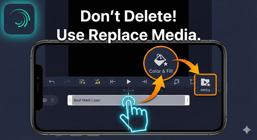 Step-by-step tutorial screenshot showing how to use the Color and Fill button to replace media in an Alight Motion beat mark project without breaking sync.