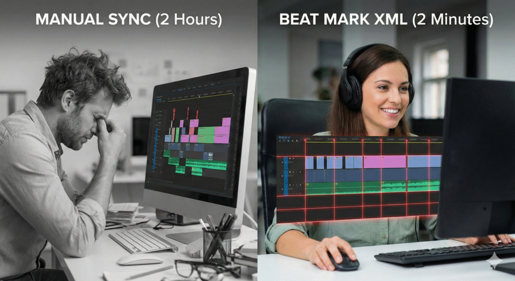 Comparison graphic showing the difficulty of manual beat syncing versus the speed of using an Alight Motion beat mark XML project file.