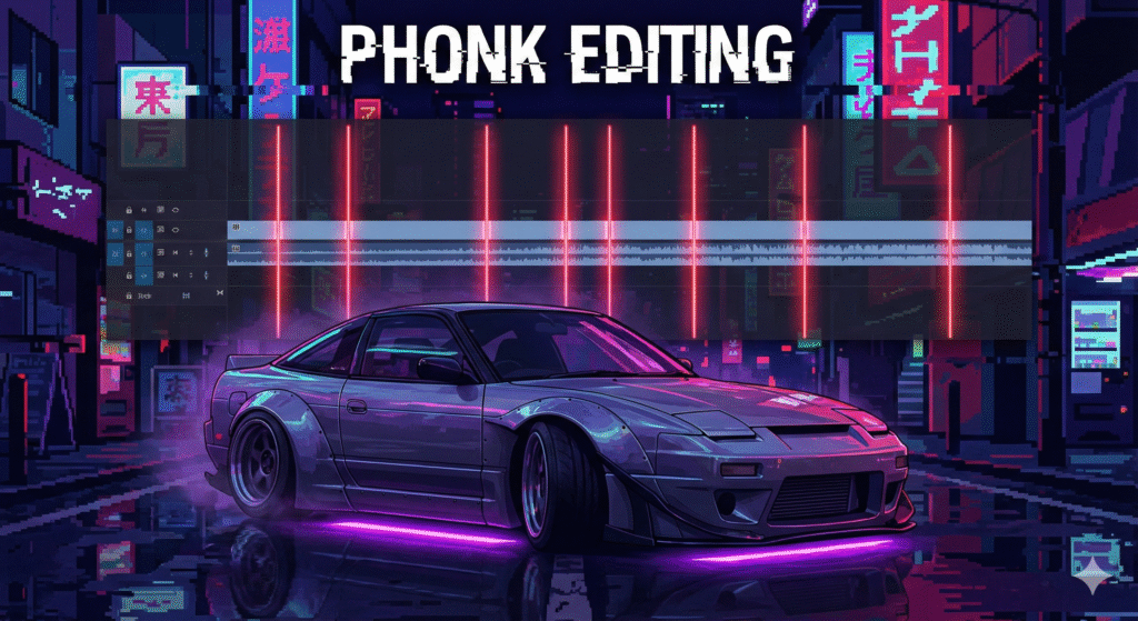 Stylized neon drift car graphic representing the aggressive Phonk beat mark preset style for Alight Motion velocity edits.