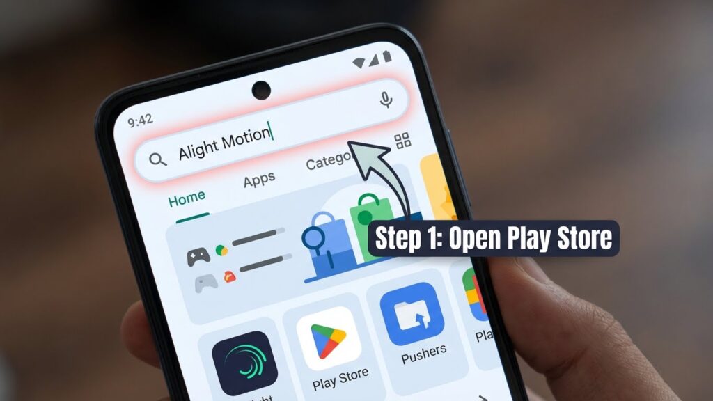 Android phone opening the Google Play Store to search for Alight Motion.