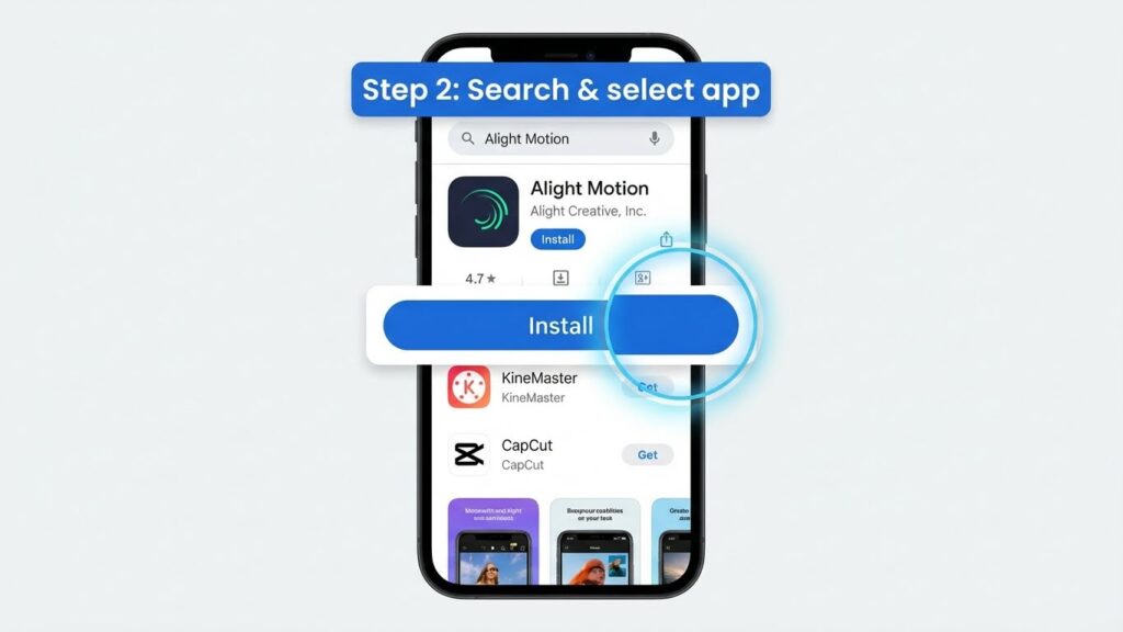 Search results in Play Store showing the Alight Motion app ready to install.