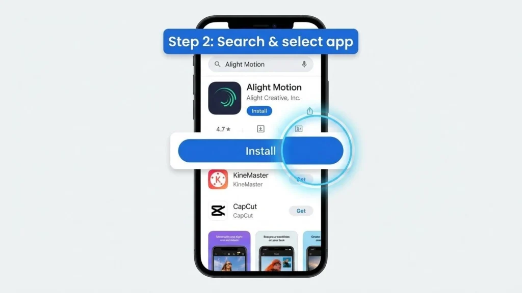Search results in Play Store showing the Alight Motion app ready to install.
