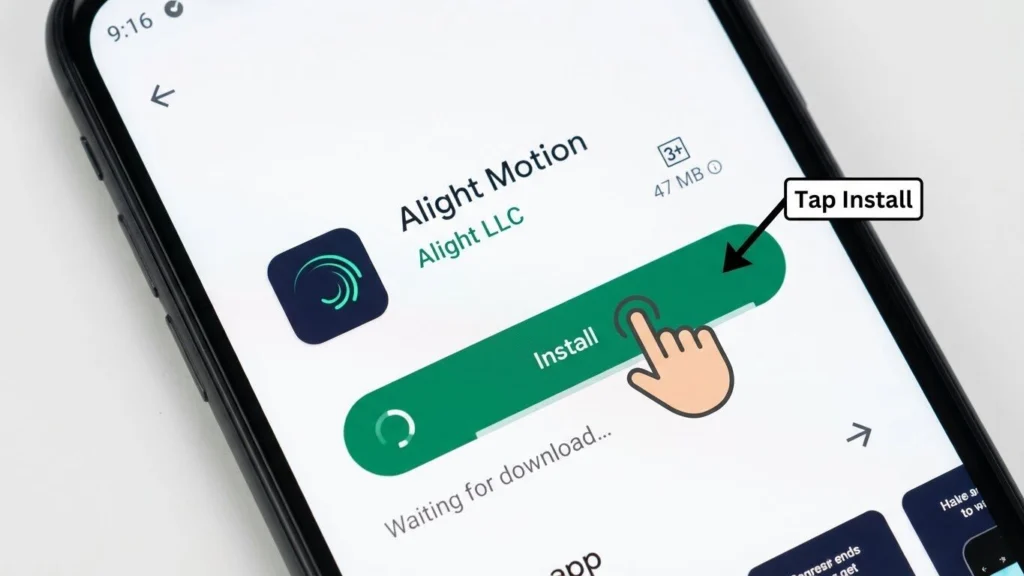 User tapping the Install button on the Alight Motion Play Store page.
