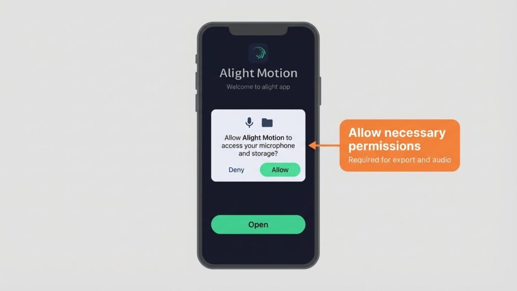 Alight Motion welcome screen with app permissions request on an Android phone.
