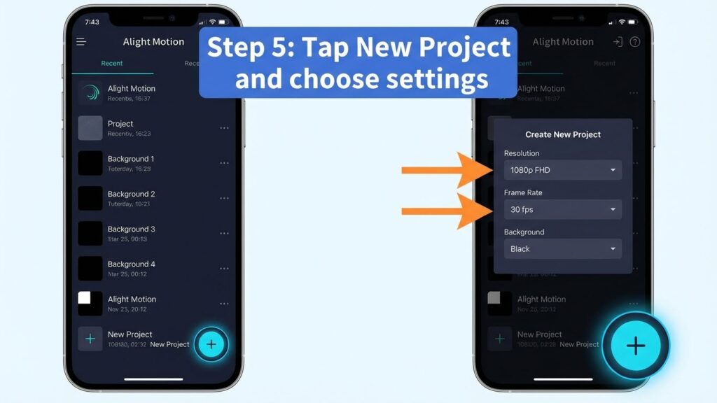 Alight Motion home screen showing the New Project button highlighted.