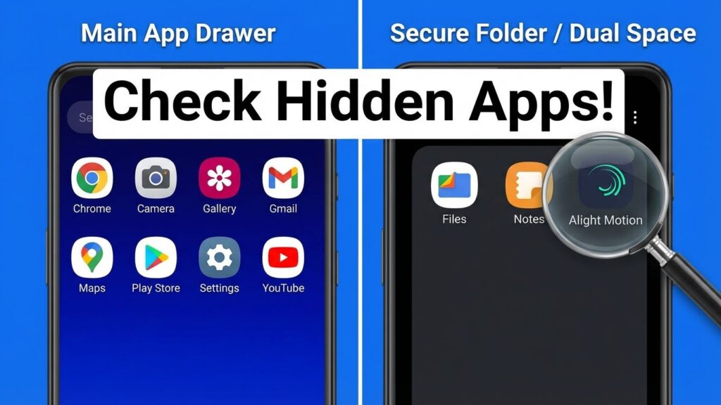 Guide showing how to find and uninstall hidden instances of Alight Motion in Samsung Secure Folder to fix installation errors.