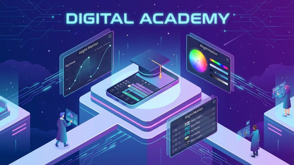 Illustration of the Alight Motion Editing Academy hub showing video editing tools and tutorials.