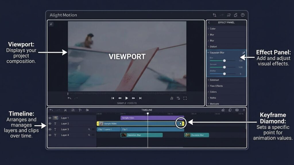 Diagram explaining the Alight Motion interface including timeline, viewport, and layer panel for beginners.