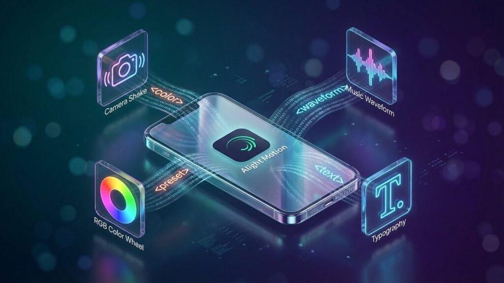A 3D digital library illustration showing Alight Motion XML presets, shake effects, and color grading assets flowing into a smartphone.