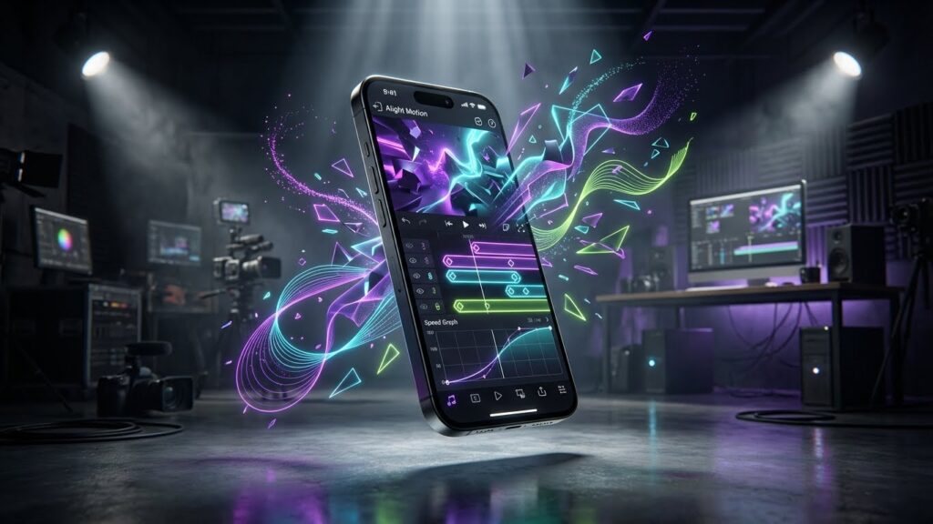 A high-tech smartphone displaying the Alight Motion Pro interface with keyframe animation graphs and multi-layer editing tools.