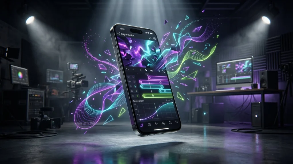 A high-tech smartphone displaying the Alight Motion Pro interface with keyframe animation graphs and multi-layer editing tools.