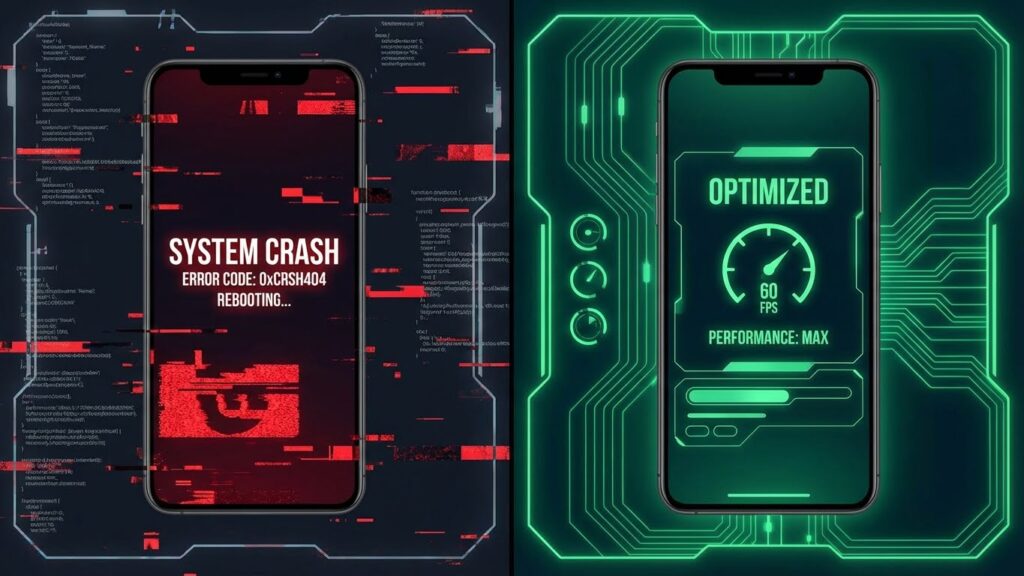Split screen showing Alight Motion crashing vs running smoothly after lag fix.