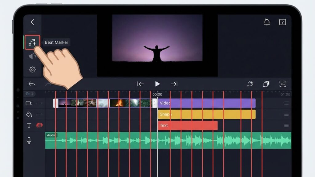 Tutorial screenshot showing how to add red beat markers to the timeline in Alight Motion for music sync.