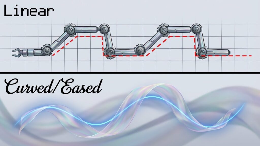 Visual comparison between stiff linear motion and smooth curved motion in video editing.