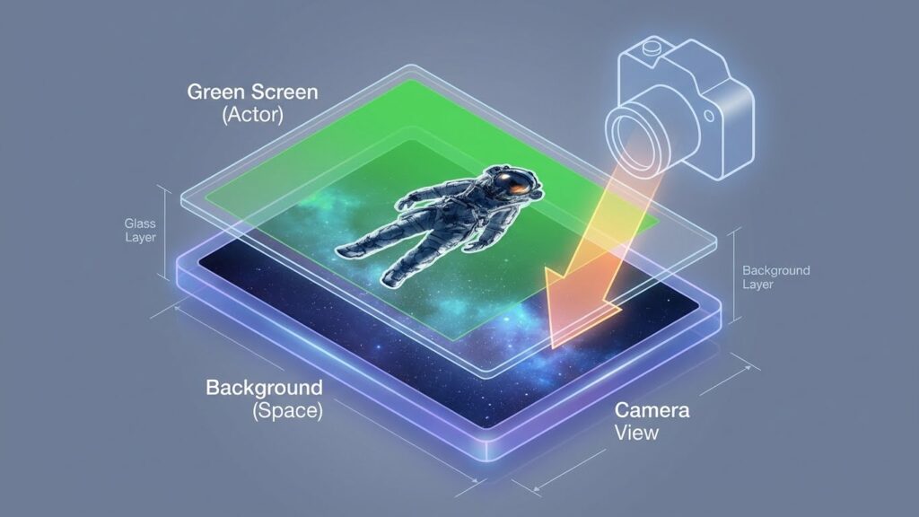 Diagram showing the correct layer stacking order for green screen editing: background on bottom, green screen on top.